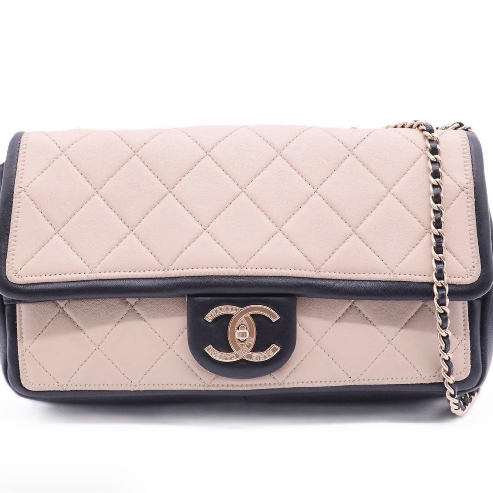 CHANEL Beige and Black Quilted Flap Shoulder Bag with Gold Hardware